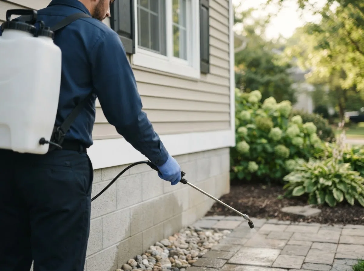 Pest control technician inspecting a home in Corinne, WV